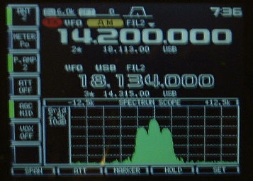 Fig. 1: Spectral display of AM signal at 100% modulation, 1 kHz test tone.