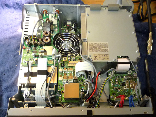 Fig. 4: UX-9100 1.2 GHz module installed. Note fold of UX-9100/IF board ribbon cable.